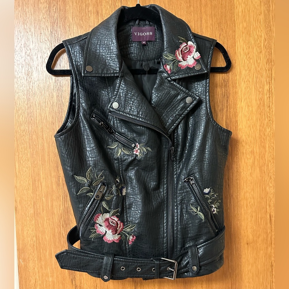 Faux leather embroidered vest